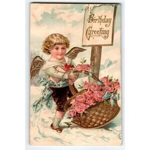 Happy Birthday Cherub Angel Holds Wicker Basket Of Pink Roses Postcard Greetings